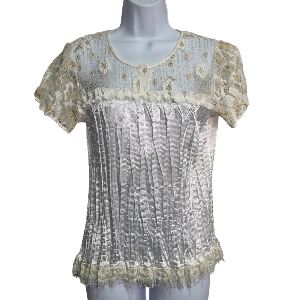 Vintage Alberto Makali Satin Pleated Lace‎ Top Embroidered Gold Floral Women's L